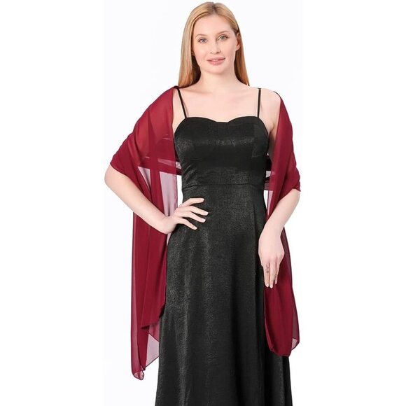 Women Wine Red Elegant Soft Sheer Chiffon Stole Bride Wedding Shawls and Wraps - Picture 4 of 7